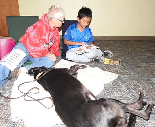 A child working with a therapy dog at Sachem Public Library in Holbrook, New York.