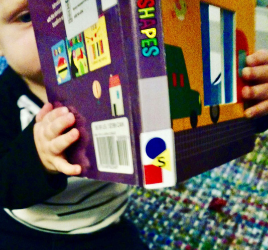 An example of spine labeling on board books. A sticker covers the lower portion of a childrens book's spine.