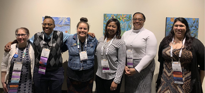 Equity Fellows at the 2019 ALA Midwinter Meeting include, left to right, Evelyn Keolian, Sierra McKenzie, Ayn Reyes Frazee, Jocelyn Moore, Eiyana Favers, and Shahrazad “Star” Khan.