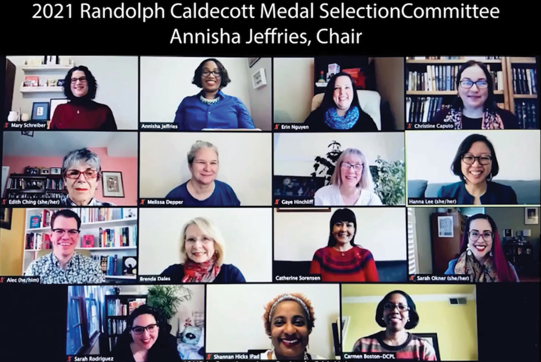 Screenshot of a web conference: 2021 Randolph Caldecott Medal Selection Committee