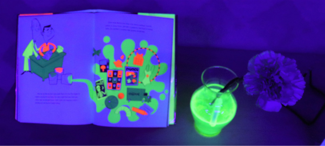 I displayed the book The Day-Glo Brothers: The True Story of Bob and Joe Switzer’s Bright Ideas and Brand-New Colors by Chris Barton and Tony Persiani, which glowed amazingly under the lights.