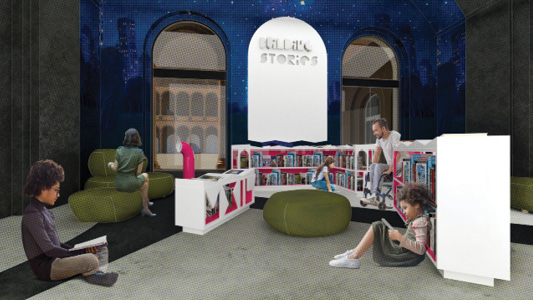 Mock-up design for Building Stories: parents and children browsing books.