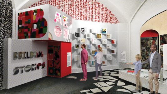 Mock-up design for Building Stories: parents and children browsing an art installation.