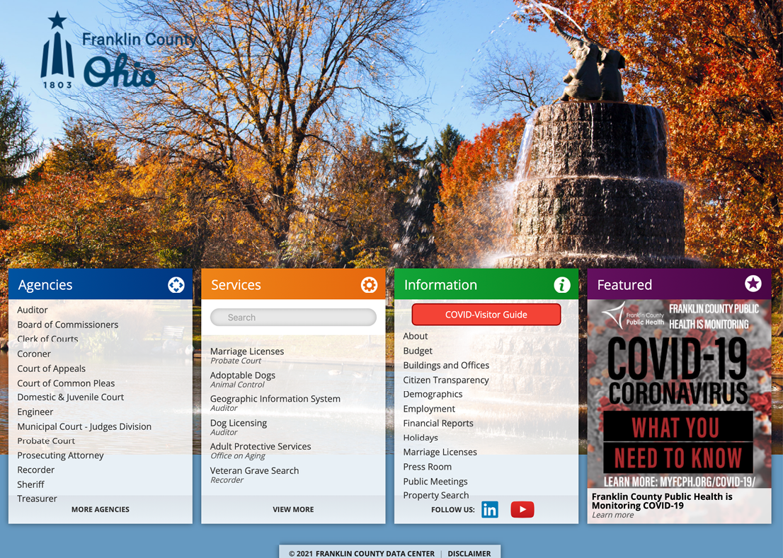 Despite the visitor’s guide having visual accessibility issues, Franklin County, Ohio’s website was assessed to have clear, non-scientific language and large, readable fonts with valuable COVID-19 information.
