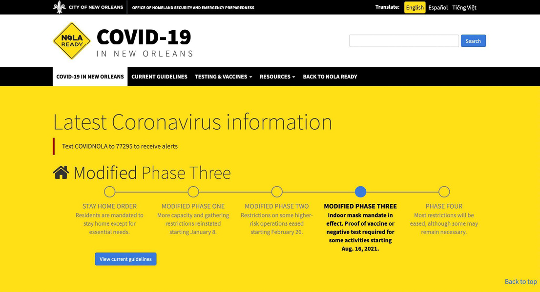 Orleans Parish, Louisiana’s website’s background and foreground colors aren’t fit for screen readers, but it does provide many resources related to COVID-19, including translations to Spanish and Vietnamese.