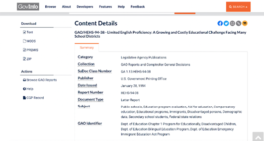 Figure 5. Screenshot of Government Accountability Office Report on Limited English Proficiency: A Growing and Costly Educational Challenge Facing Many School Districts. Source: Health, Education, and Human Services Division, Government Accountability Office. “GAO/HEHS-94-38—Limited English Proficiency: A Growing and Costly Educational Challenge Facing Many School Districts.” US Government Printing Office. January 28, 1994. https://www.govinfo.gov/app/details/GAOREPORTS-HEHS-94-38.