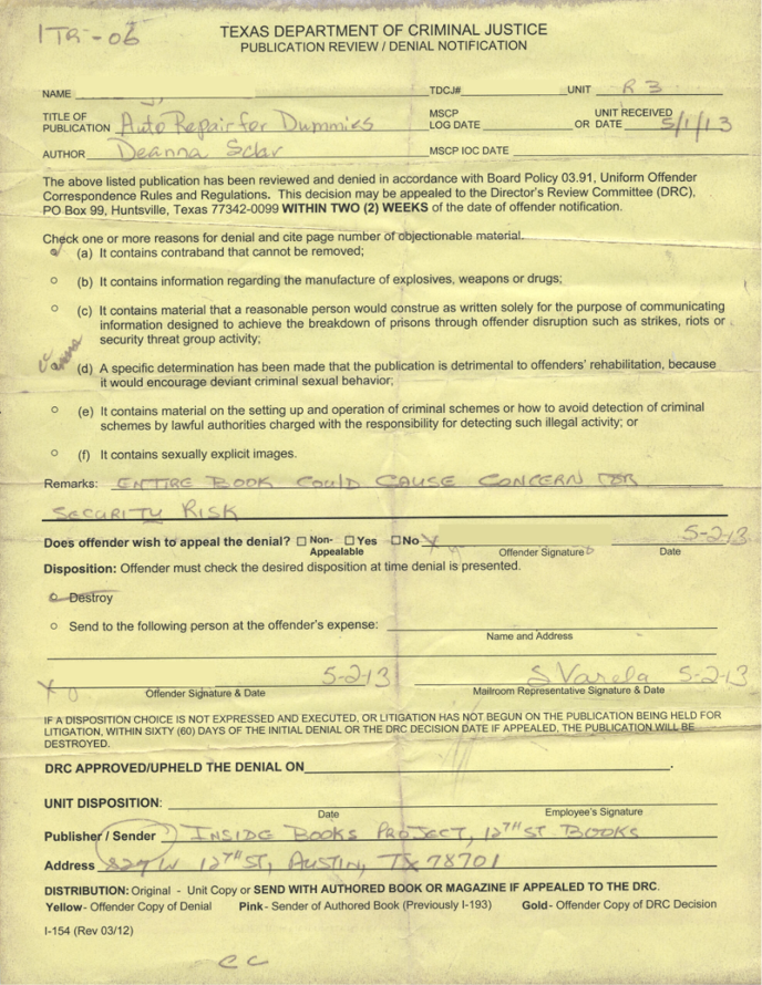 Figure 1. A Texas Department of Criminal Justice publication review/denial notification for Auto Repair for Dummies by Deanna Sclar.