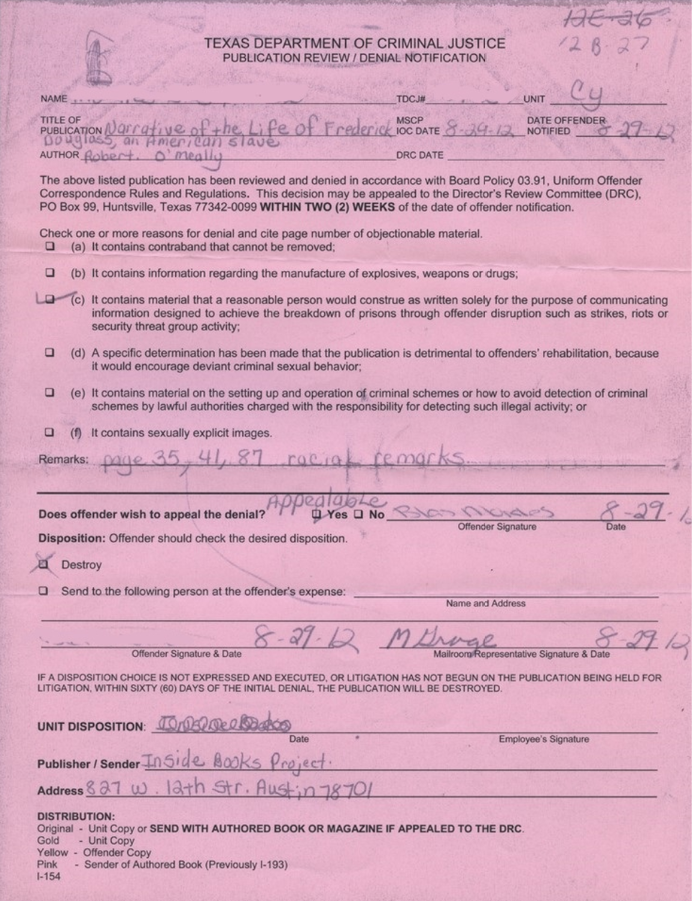 Figure 4. A Texas Department of Criminal Justice publication review/denial notification for Narrative of the Life of Frederick Douglass, an American Slave by Robert O’Meally.