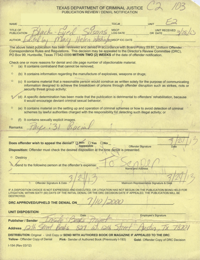 Figure 5. A Texas Department of Criminal Justice publication review/denial notification for Black Eye’s Susans, edited by Mary Helen Washington.