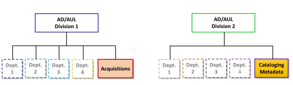 Model 4. Modularized Technical Services Model: Acquisitions and Cataloging/Metadata report to a different AD/AUL