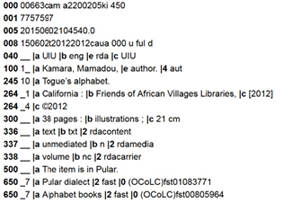 Figure 2. MARC21 format record created by staff using the Metadata Maker.