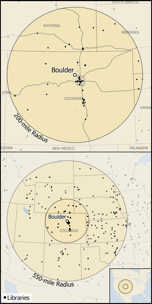 Figure 2. Map depicting libraries that held the nearest copies of any of the donated items within 200-and 550-mile radii.