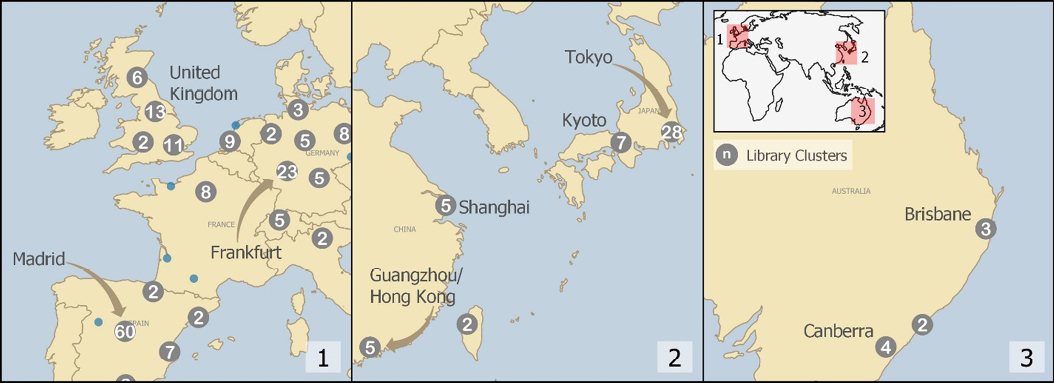 Figure 3. Map depicting clusters of libraries in areas beyond North America where nearest copies of items most often occurred. 1. Western Europe; 2. East Asia; 3. Australia.