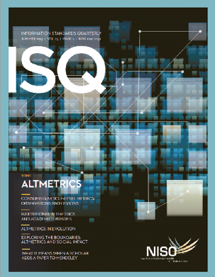 Figure 1.8. Cover of a special altmetrics-themed issue of Information Standards Quarterly (ISQ), published in summer 2013.