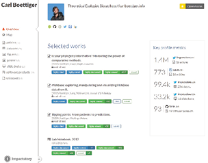 Figure 2.8. Carl Boettiger’s Impactstory home page, with different types of scholarly contributions along the left, selected works in the center of the page, and key profile metrics on the right. https://impactstory.org/CarlBoettiger
