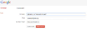 Figure 4.5. Creation of a sample Google Scholar alert. The broad terms chosen for this alert will likely result in frequent alerts from a variety of disciplines.