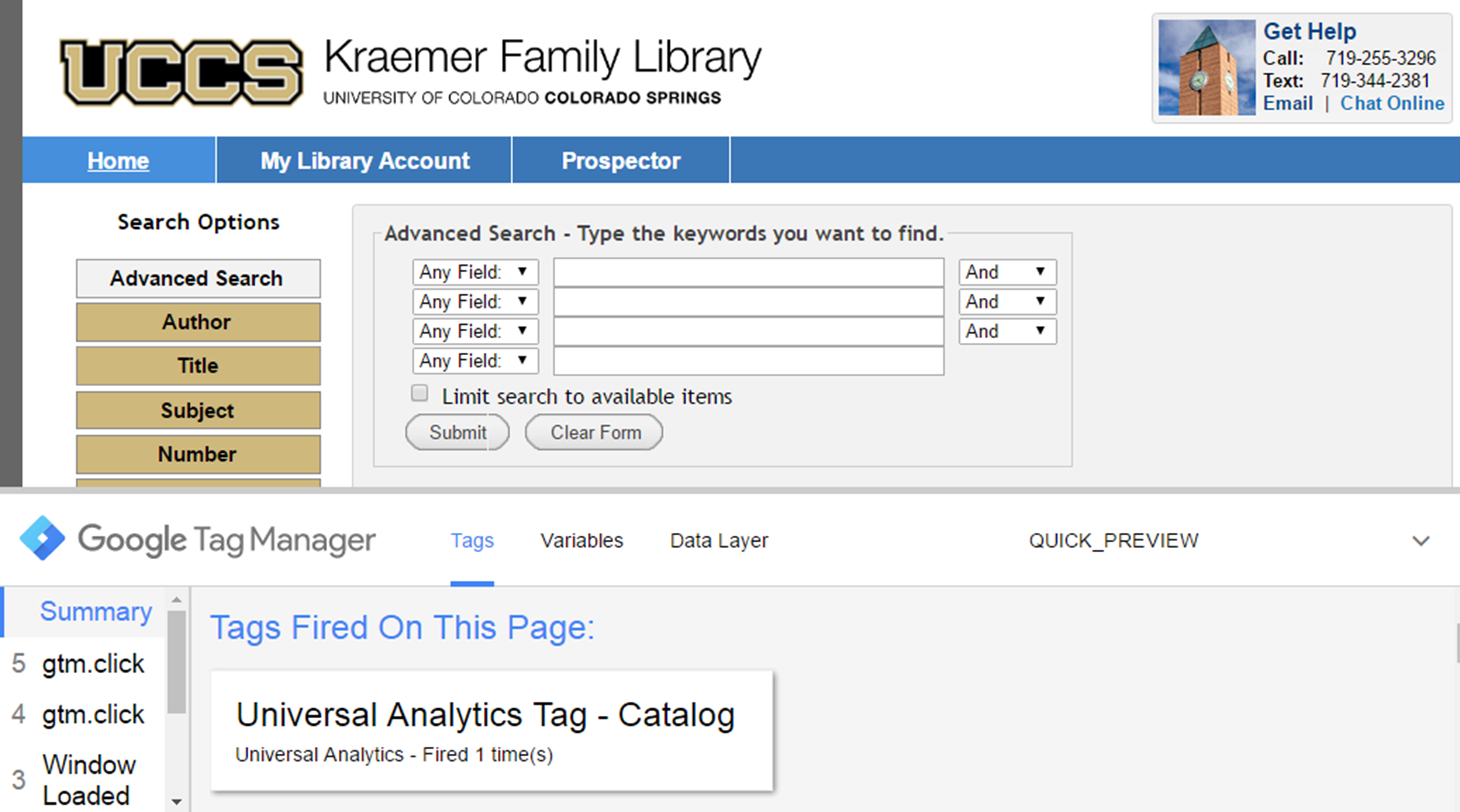 Google Tag Manager debug window, Google Tag Manager, University of Colorado Colorado Springs