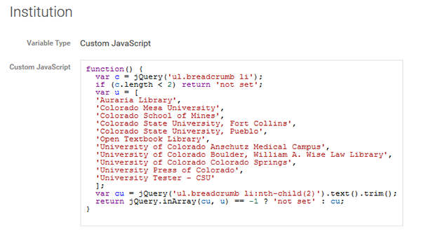 User-defined variable for institution custom dimension, Google Tag Manager, Colorado State University