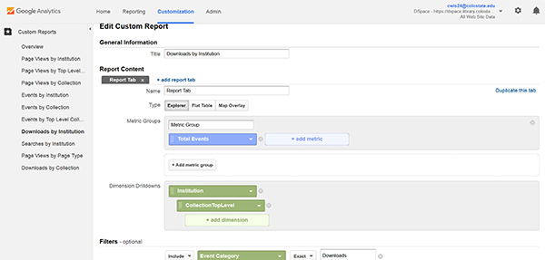 Custom report configuration, Google Analytics, Colorado State University