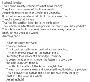 Word recognition: how our brain reads letters (from Jinxi Caddel, “Word Recognition: How Our Brain Reads Letters,” Learn, Think, Inspire [blog], February 4, 2010, www.jinxiboo.com/blog/2010/2/4/word-recognition-how-our-brain-reads-letters.html).