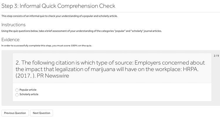 A screenshot of Penn State’s badging platform showing a step using an auto-graded quiz.