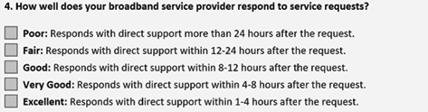 An example question from page 43 of the toolkit, regarding evaluating services provided by internet service providers, with a guide explaining each answer