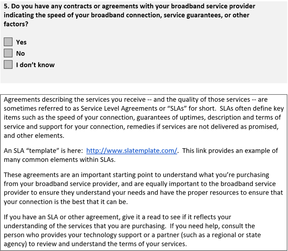 An example from page 43 of the toolkit, explaining the importance of a Service Level Agreement (SLA) and giving the users an opportunity to note its existence (or absence)