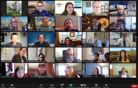 A screenshot from a Zoom meeting with the advisory board of the GLB project, featuring subject matter experts from around the country.