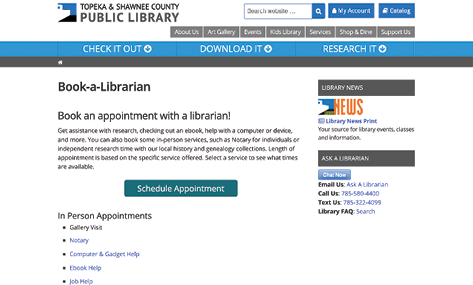 Making appointments at the Topeka and Shawnee County Public Library website
