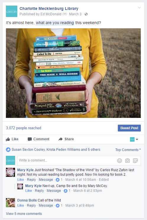 Example of a popular “what are you reading?” Facebook post