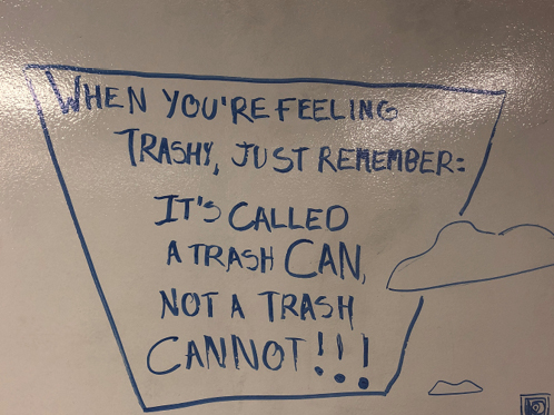 Figure 1. A note on the whiteboard wall: “It’s called a trash can, not a trash cannot!!!” 