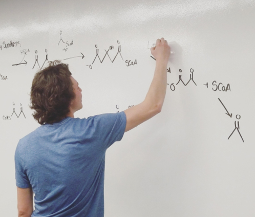 Figure 6. Student writing notes on the whiteboard wall.
