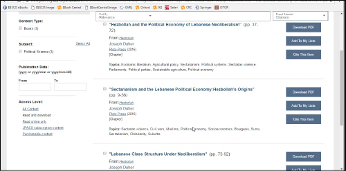 Figure 9. JSTOR e-book display of titles versus chapters